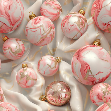 Elegant Veined Pastel Red Marble Christmas Ornaments Displayed on a Pristine White Background