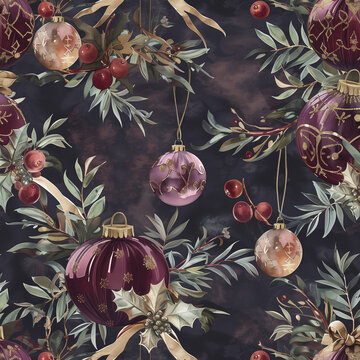 Victorian-Inspired Seamless Pattern Featuring Delicate Florals and Traditional Christmas Elements in Rich Colors