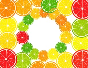 Colorful citrus slices form a circular frame