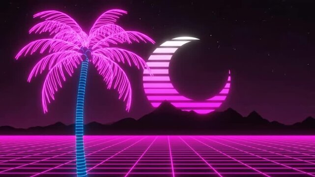 Retro Neon Palm Tree and Crescent Moon Landscape at Night
