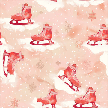 Charming Pattern Featuring Pastel Red Ice Skates and White Snowflakes on a Frosty Winter Background
