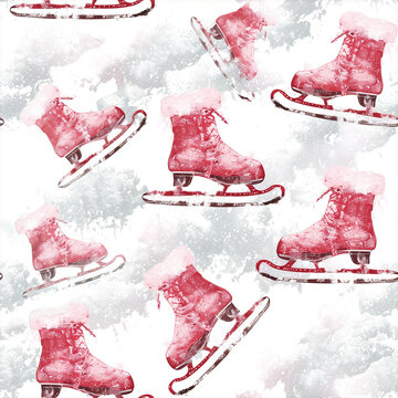 Whimsical Pattern of Pastel Red Ice Skates and White Snowflakes on a Soft Blue Winter Background