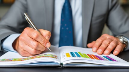 Business professional analyzing colorful data charts in a report