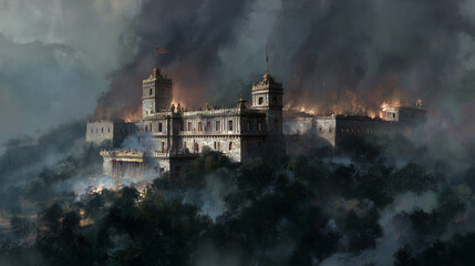 Naklejka premium Illustration of Chapultepec Castle surrounded by battle smoke, historical tribute