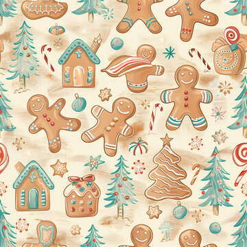 Playful Gingerbread Men and Icing Pattern in a Whimsical Repeat for Festive Christmas Applications