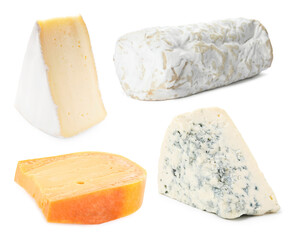 Different kinds of cheese isolated on white, set