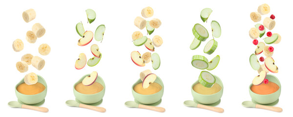Baby food. Different fresh ingredients falling into bowls with puree against white background, set