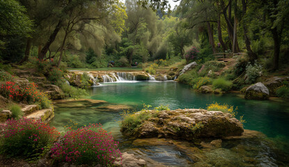 Obraz premium Lush green forest with cascading waterfall and turquoise pool
