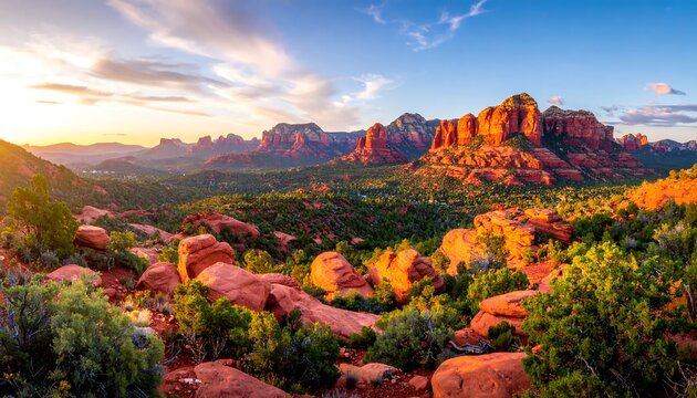 Sunlit Sedona landscape with majestic red rock formations and lush green vegetation - Powered by Adobe