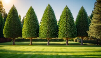 ideal green conifers grow in one neat row showcasing vibrant foliage against a backdrop of soft grass and warm sunlight filtering through the trees