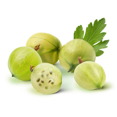 Fresh green gooseberries isolated on white. Summer berry