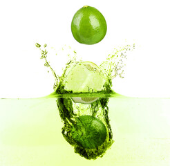 Fresh limes falling into splashing drink against white background