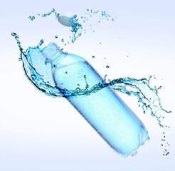 Soda water in bottle and splash against light blue background