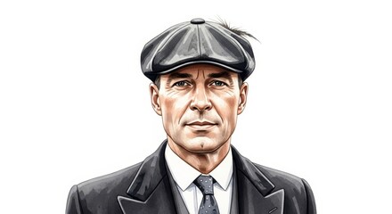 Fototapeta premium Man in Newsboy Cap and Suit - Portrait of a man wearing a stylish newsboy cap and suit, serious expression