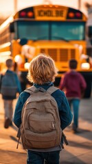 A child with a backpack walks towards a school bus, surrounded by other kids, in a warm, sunny atmosphere.