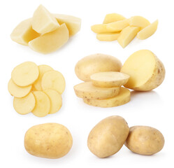 Fresh raw potatoes isolated on white, set. Whole and sliced
