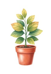 Potted Plant with Green Leaves - A watercolor illustration of a small plant in a terracotta pot, showcasing vibrant green and yellow leaves. Perfect for home decor, websites, or blogs