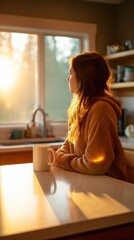 A woman with long hair enjoys a warm beverage while gazing out of a sunlit kitchen window, reflecting on a peaceful moment.