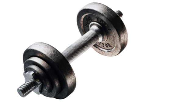 Fitness-themed minimalistic shot of dumbbell with shadows isolated on a Transparent background, PNG file.