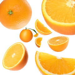 Fresh oranges swirling in air against white background. Citrus fruit