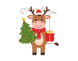 Cute cartoon cow holding Christmas tree and gift