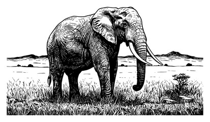 Large African Elephant Standing in a Wild Savannah Landscape Black and White Outline Line Art Drawing