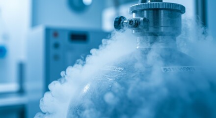 Close-up of a cryogenic tank, shrouded in vapor, with laboratory equipment blurred in the background. Toned in blue.