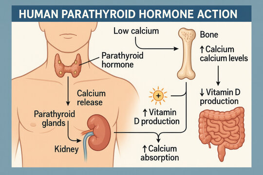 Human Parathyroid Hormone Action Illustration depicting calcium regulation.