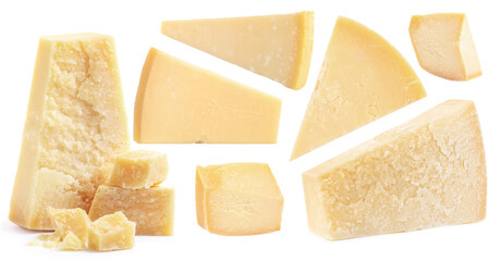 Parmesan cheese pieces isolated on white, set