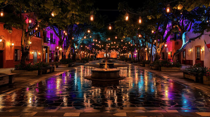 Night scene of colonial town square illuminated by colored lights for fiesta