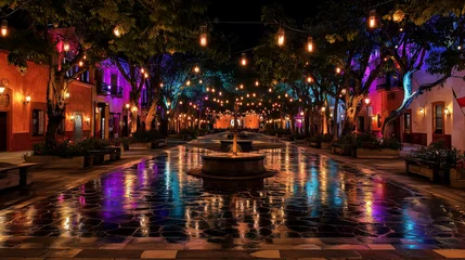 Papier peint photo La Havane Night scene of colonial town square illuminated by colored lights for fiesta  © NelviaWistika