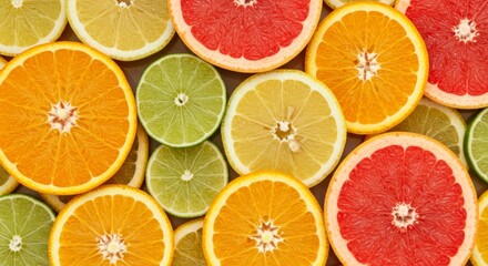 Obraz premium Overhead shot of various citrus fruit slices in a vibrant arrangement. Orange, grapefruit, lemon, and lime are prominently displayed.
