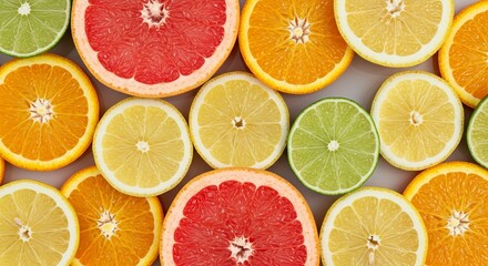 Overhead shot of assorted citrus fruit slices, including oranges, grapefruits, lemons, and limes, arranged on a light gray background.