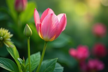 Fototapeta premium Delicate pink petals unfolding from a lush green stem amidst vibrant garden foliage, pink peony flower garden, floral arrangement