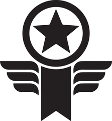Vector Icon:  Award Sign, Star Symbol with Wings, Achievement Badge, Black and White, Bold Style.
