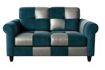 Teal and silver checkered sofa isolated on transparent background, perfect for interior design projects