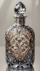 This is a premium antique-style perfume bottle crafted in transparent crystal glass with a warm golden hue. The bottle is intricately decorated with raised, ornate floral engravings, giving it a vinta