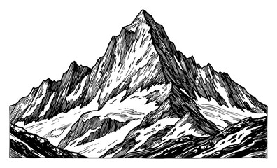 A Majestic Alpine Mountain Peak Panorama Landscape View Black and White Outline Line Art Drawing