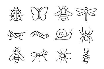 Illustrated insect icons on gradient background: butterfly, bee, dragonfly, snail