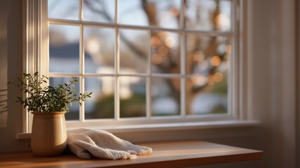 Tranquil winter morning with sunlit window and cozy interior