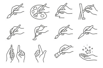 Hand illustrations depicting art tools and gestures for creative activities