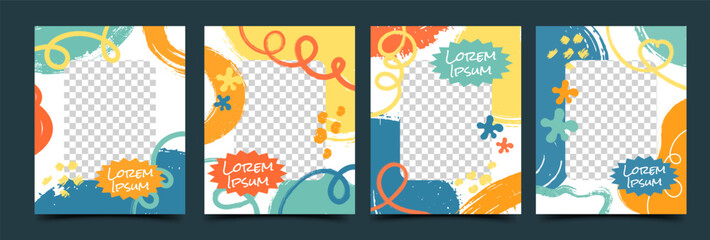Playful abstract social media post template with place for the photo. Portrait banner vector design.