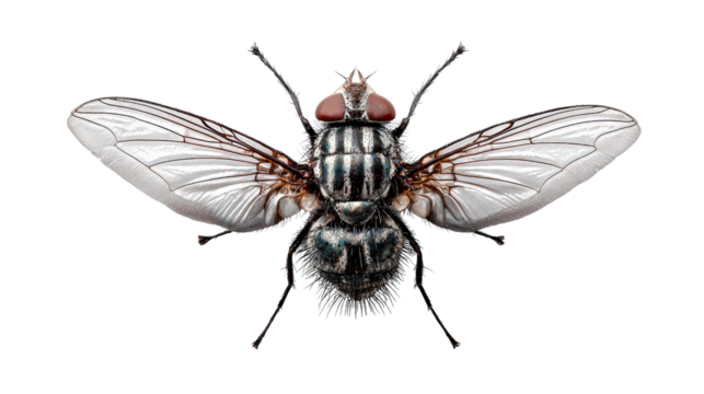 Fly with wings fully spread as if in takeoff position isolated on a Transparent background, PNG file.