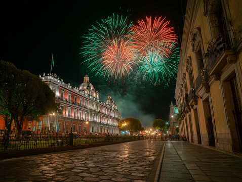 Red, white, and green fireworks lighting up colonial Mexican architecture