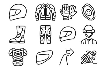 Motorcycle gear icons: helmets, jackets, gloves, boots, armor