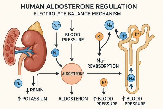Human Aldosterone Regulation Illustration: Electrolyte Balance Mechanism, medical illustration [Illustration]