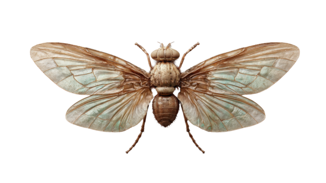 Fly with wings fully spread as if in takeoff position isolated on a Transparent background, PNG file.