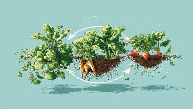 Crop rotation illustration showcasing different vegetables and their root systems within a sustainable agricultural cycle and earth friendly practices