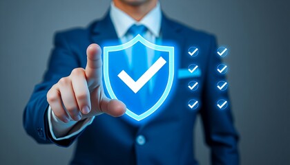 Cybersecurity Shield Protection Concept Business Man Selecting Secure Digital Safety Verification System Online Data Security 183 characters