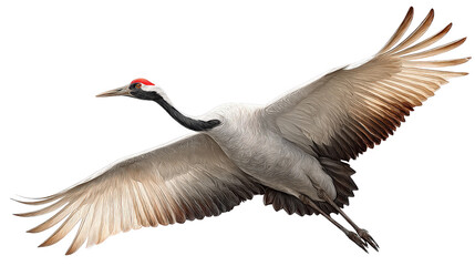 Flying crane with wide wings fully spread background isolated on a Transparent background, PNG file.